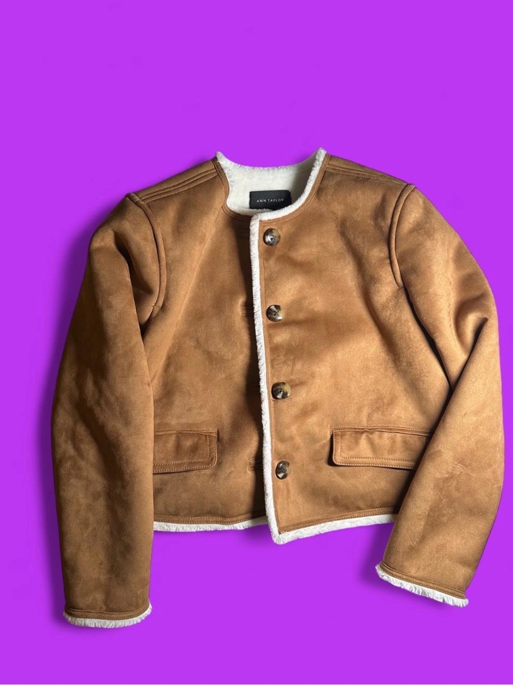 Ann Taylor Tan Faux Suede & Shearling Trim Crop Jacket - Size MP